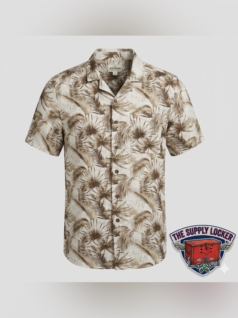Jeremiah American Legacy Hawaiian Camp Shirt Palm Leaf Beige Brown S NWT